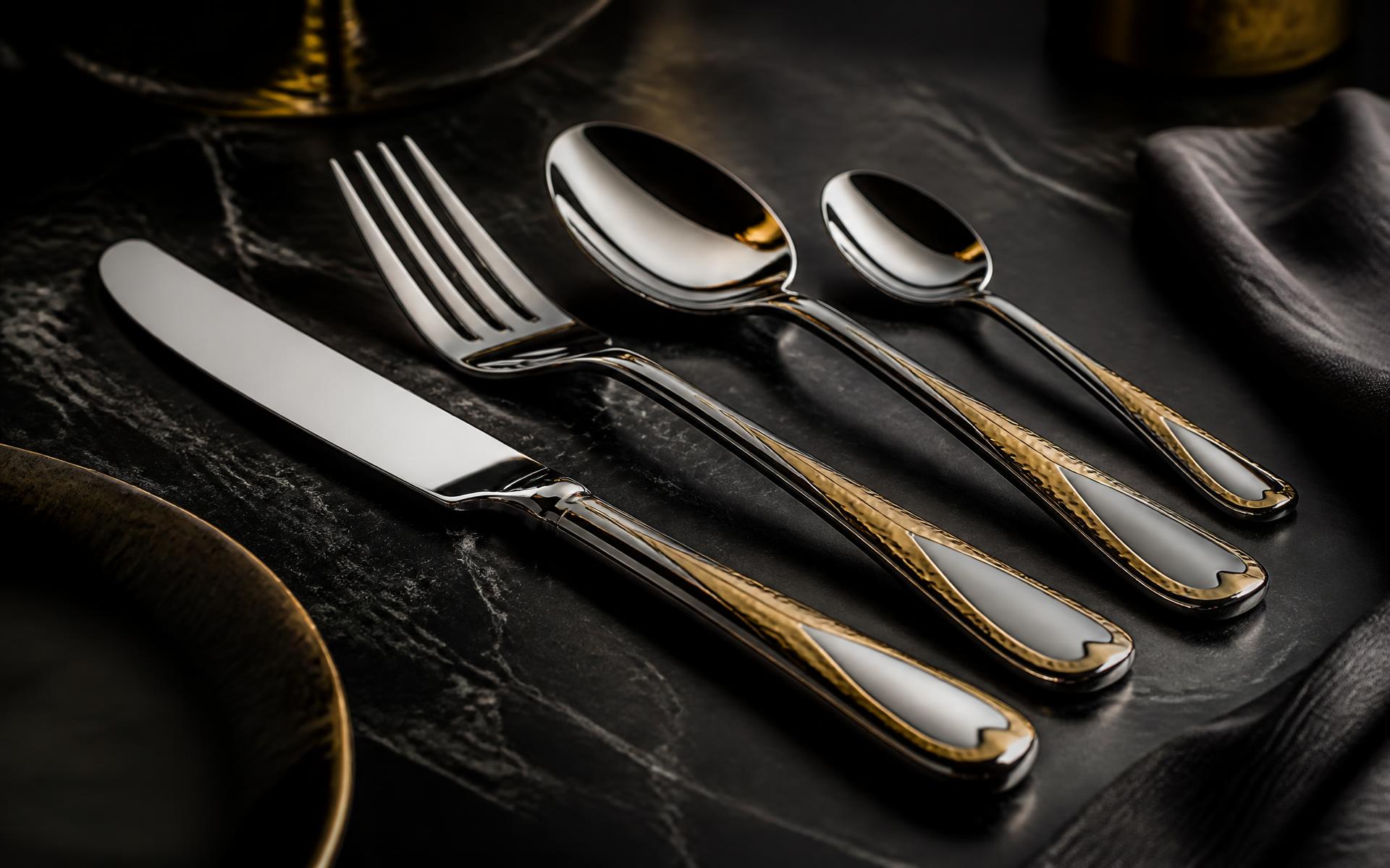 Premium stainless steel cutlery set on dark marble